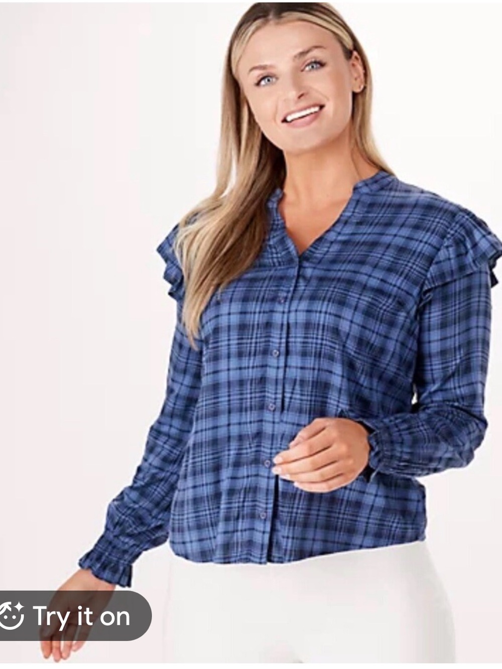 Candace Cameron Bure Blue & White Plaid Flannel Ruffle Shirt